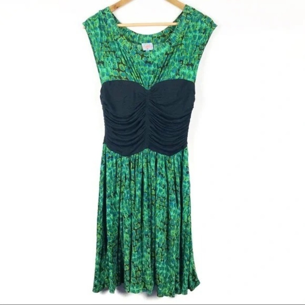 Plenty by Tracy Reese Green Print Ruched Bust Fit & Flare Dress Women's L‎ Boho